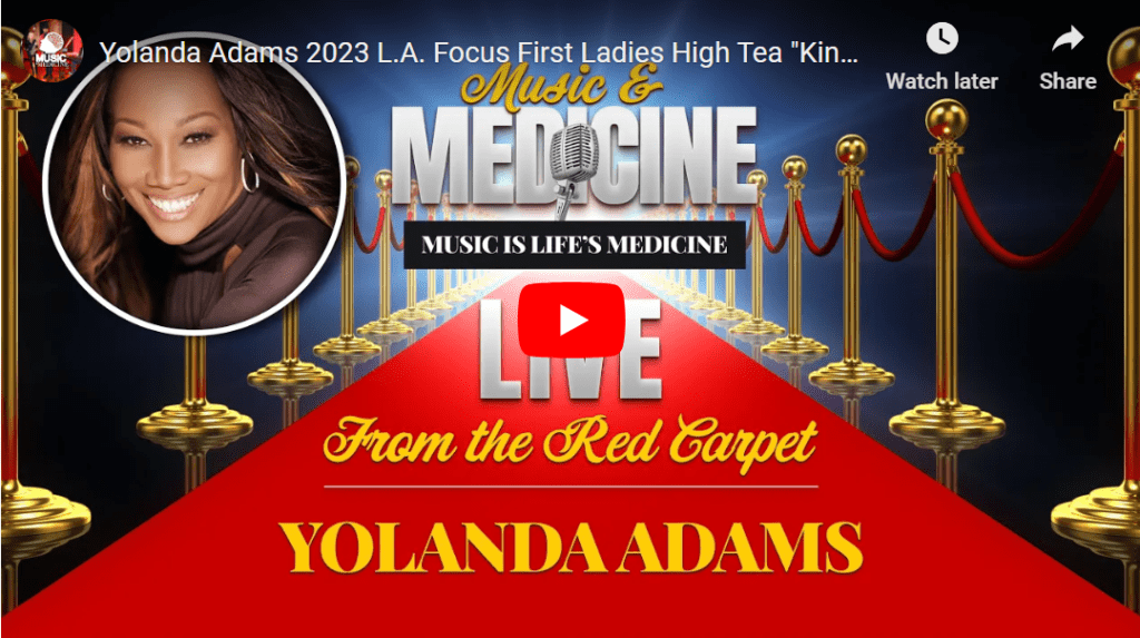 A red carpet with a woman on it and the words " music & medicine live from the red carpet yolanda adams ".