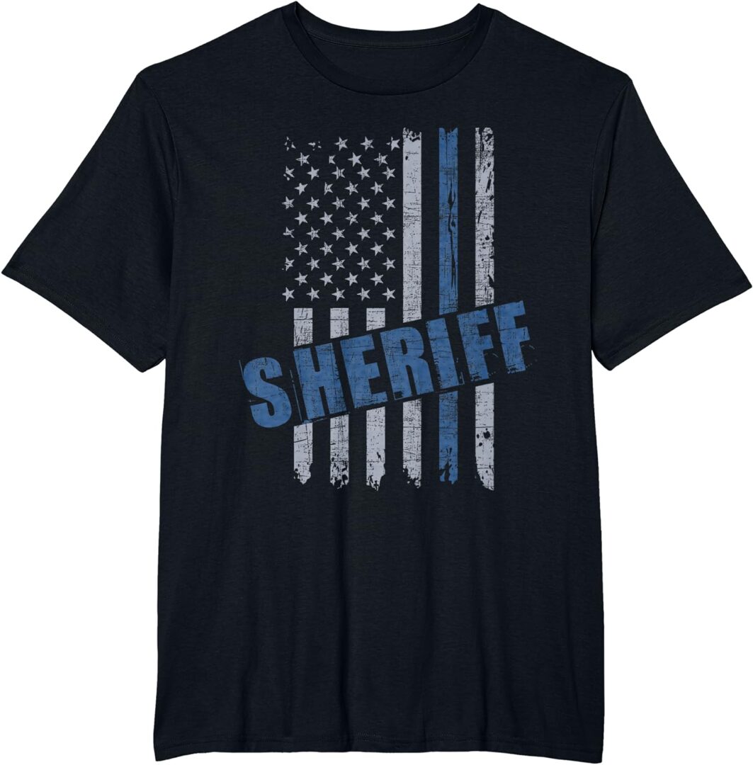 A black shirt with the word sheriff and an american flag.