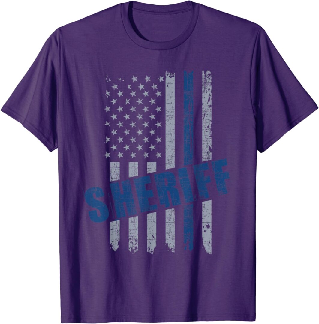 A purple shirt with an american flag on it.