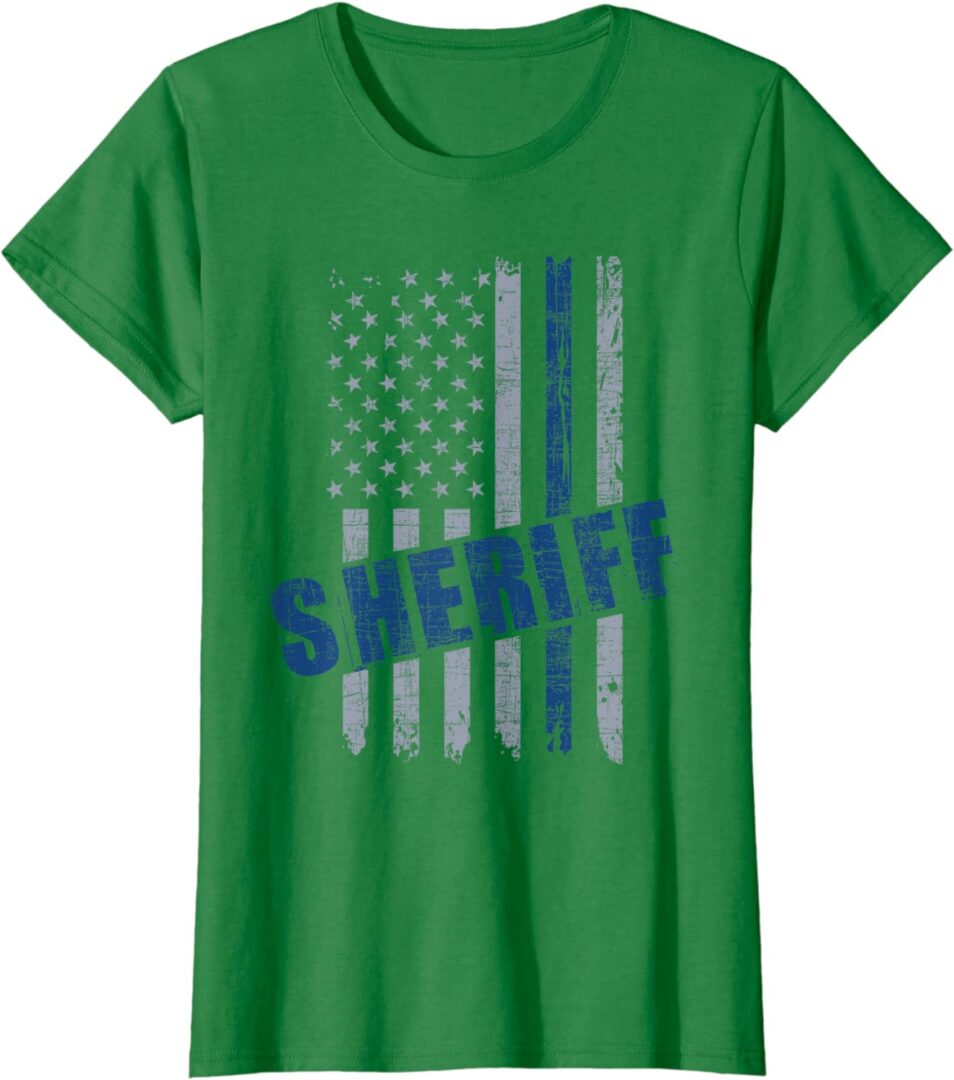 A green shirt with an american flag and sheriff written on it.